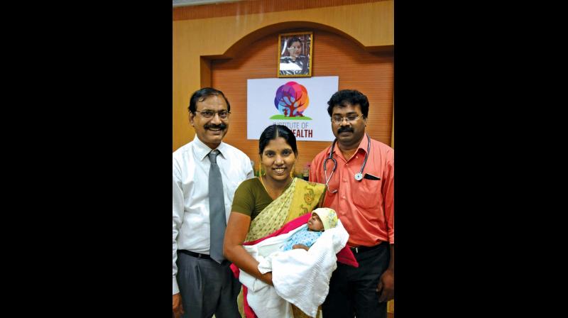 Director of Institute of Child Health Dr Arasar Sreelalar and Dr G K Jaikaran, head, pediatric cardiothoracic surgery department checks the pre-term baby who underwent an open-heart surgery after being diagnosed with fungal endocarditis at Institute of Child Health on Friday.  (Photo: DC)