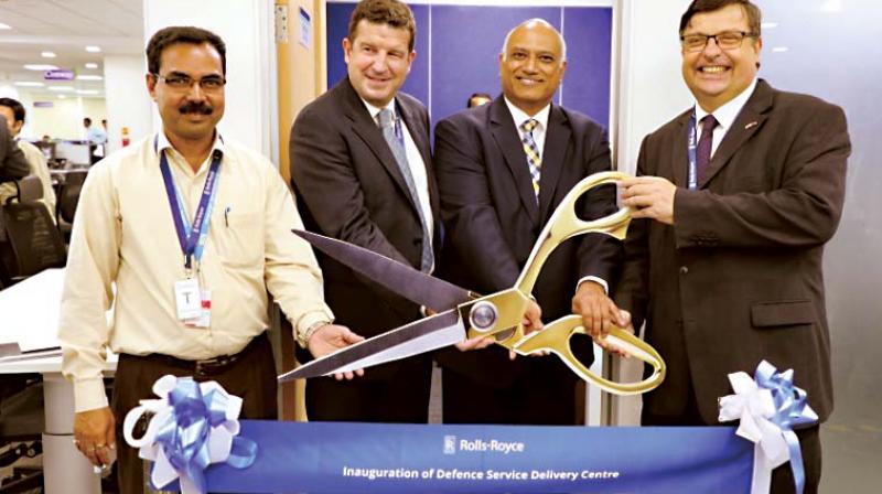 Dominic McAllister, British Deputy High Commissioner and  Kishore Jayaraman, President - India & South Asia along with Rolls-Royce and HAL officials inaugurating the First Defence Service Delivery Centre in Bengaluru on Thursday