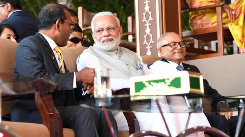 During the swearing-in ceremony of Solih, Modi was sitting beside former Maldivian presidents Mohamed Nasheed and Maumoon Abdul Gayoom. (Photo: Twitter | @MEA)