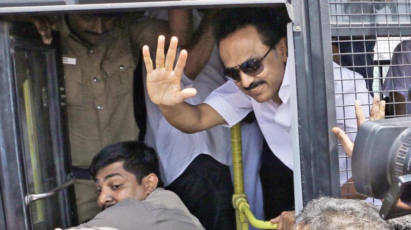 DMK working president M.K. Stalin arrested in Coimbatore on Thursday when he was on his way to take part in the human chain protest in Salem (Photo: DC)