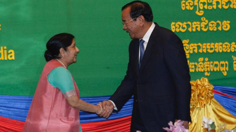 External Affairs Minister Sushma Swaraj on Wednesday met her Cambodian counterpart Prak Sokhonn and discussed bilateral, multilateral and key international issues. (Photo: Twitter | @indembcam)