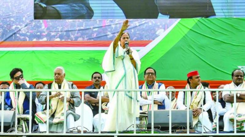 West Bengal CM and Trinamul Congress chief Mamata Banerjee speaks during the Opposition parties mega United India rally at the historic Brigade Ground in Kolkata. (Photo: PTI)