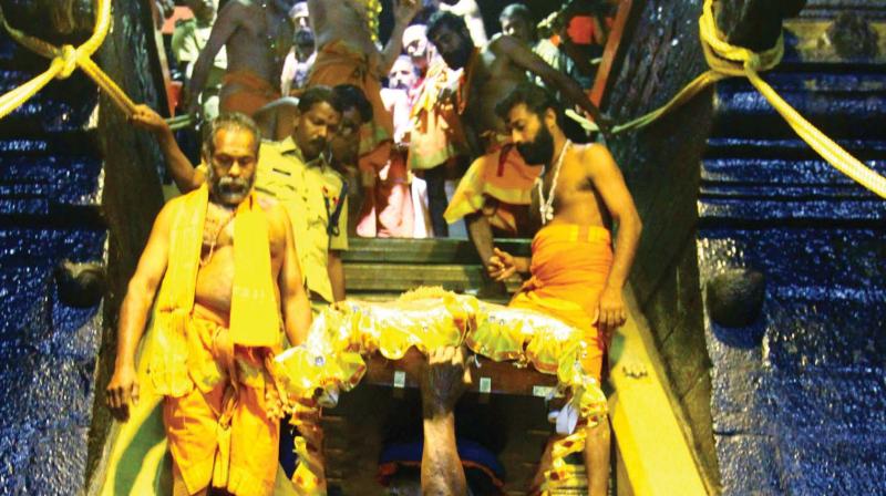 Thiruvabharanam being taken back to Pandalam from Sannidanam after the sanctom sanctorum was closed after pilgrimage  season on Sunday.