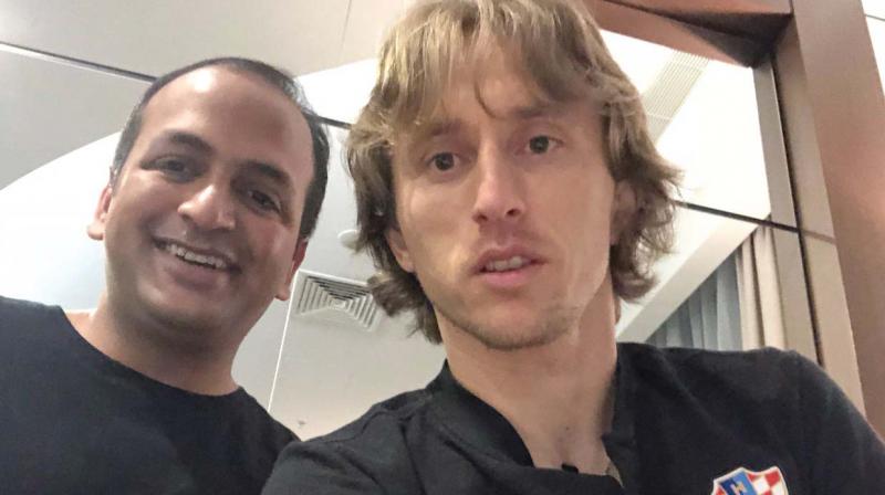 Croatian Captain and Real Madrid midfielder Luka Modric takes a selfie with Ravi at Sochi.