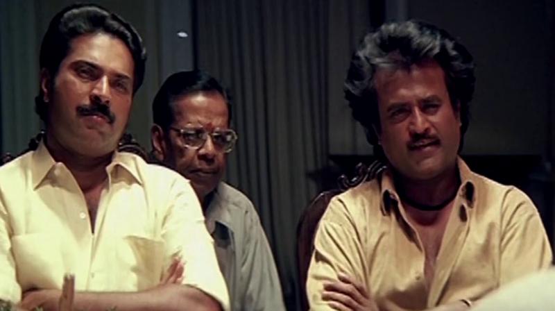 Mammootty and Rajinikanth in a still from Thalapathi.