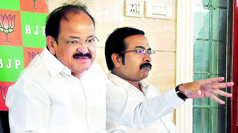 Union minister M. Venkaiah Naidu addresses a press conference at his residence in Hyderabad on Friday. (Photo: DC)