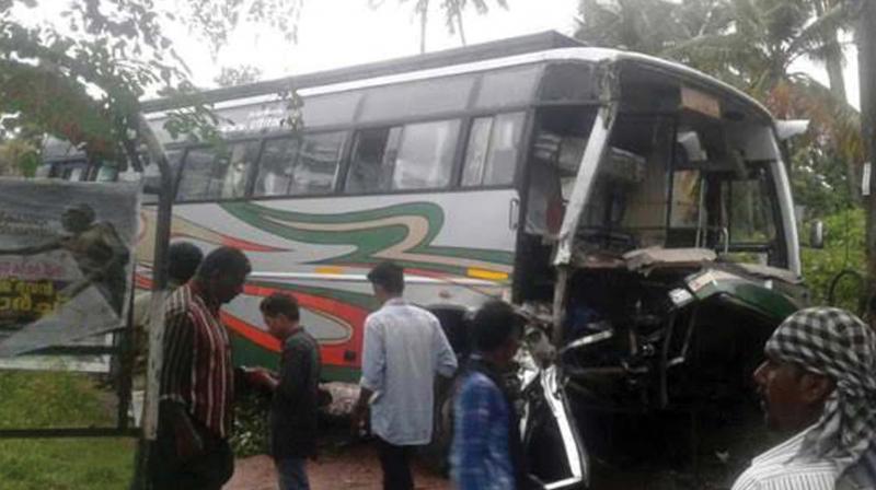 The tourist bus which was rammed onto by a KSRTC fast passenger at Thattamala during the wee hours of Sunday.	(Photo: DC)