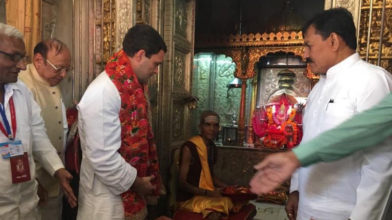 Rahul Gandhi was greeted by Congress workers into the temple premises where he was also offered some mementos. (Photo: Twitter/office of RG)