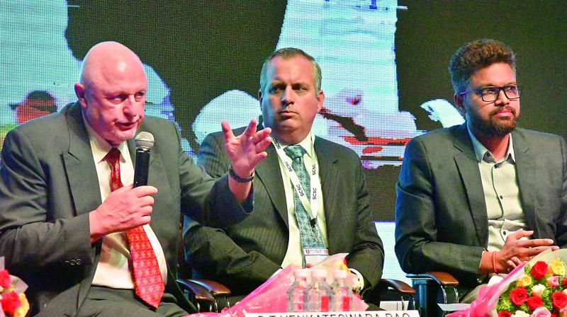 Brig. Gen. Doran Tamir, Roland Cloutier CISO-ADP and Dr Rudra Murthy CISO-MHA, at the inaugural session of the Cyber Security Conclave 3.0 at the HICC, Madhapur, on Monday. (Photo: DC)