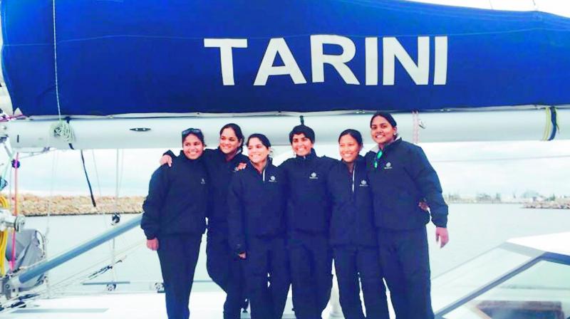 All women crew who were sailing all around the world on Navika Sagar Parikrama, Tarini, celebrate on entering Fremantle Port in Australia on Monday.