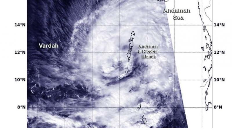 The MODIS image clearly showed that the center of the storm was just southwest of the Andaman and Nicobar Islands.