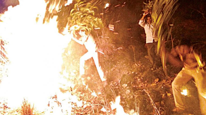 Forest personnel battling the blaze at Kappattagudda Hills 	(Photo: DC)