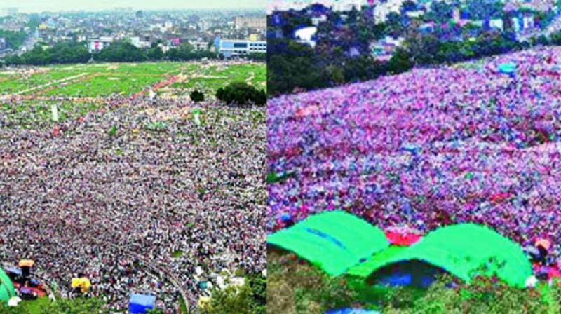 RJD chief Lalu Prasad Yadav slammed for tweeting a morphed image (above) of the Patna rally claiming a higher people turnout than the actual number (left). (Photo via web)