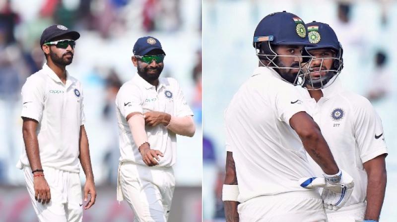 Bhuvneshwar Kumar and Mohammed Shami put up a fantastic display of swing bowling before  KL Rahul and Shikhar Dhawan boosted Indias hopes of a comeback win with a crucial century partnership on Day 4 of the first Test at the Eden Gardens here on Sunday.  (Photo: AFP)
