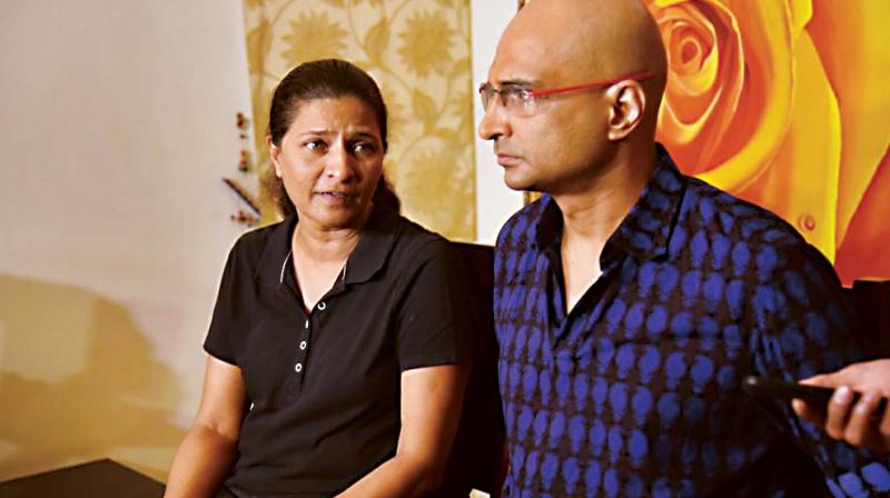 Gauri Lankeshs sister Kavitha and brother Indrajit during a press conference in Bengaluru on Thursday. (Photo: Shashidhar B.)