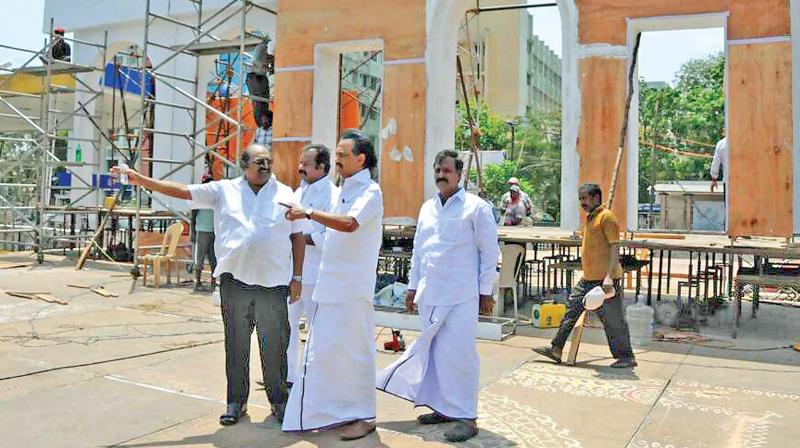 DMK leader Stalin, inspecting party president Karunanidhis jubilee celebrations venue at YMCA, Royapettah on Monday.