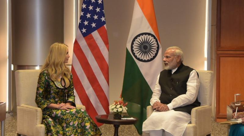 Ivanka Trump, US President Donald Trumps daughter and advisor to the White House, with Prime Minister Narendra Modi in Hyderabad. (Photo: Twitter/Narendra Modi)