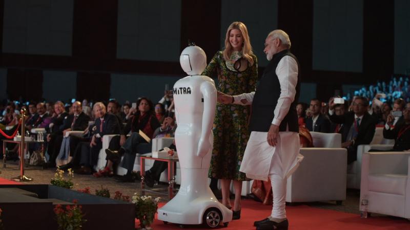 Mitra, a robot manufactured by Bengaluru-based Invento Robotics, interacted with Prime Minister Narendra Modi and White House advisor Ivanka Trump at the summit. (Photo: Twitter/Narendra Modi)