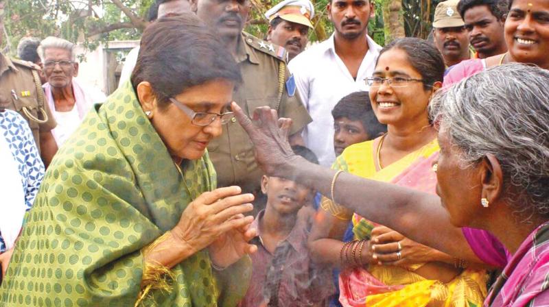 Lt Governor Kiran Bedi celebrates Pongal with villagers in Palayam. (Photo: DC)