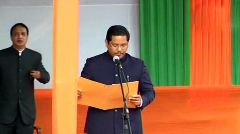 Conrad Sangma, chief of the National Peoples Party (NPP), took oath as the Chief Minister of Meghalaya. (Photo: ANI | Twitter)