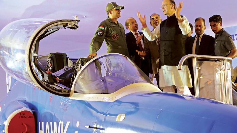 Defence Minister Arun Jaitley checks out indigenously upgraded Hawk-i at HAL before dedicating it to the nation in Bengaluru on Saturday. (Photo: R. Samuel)