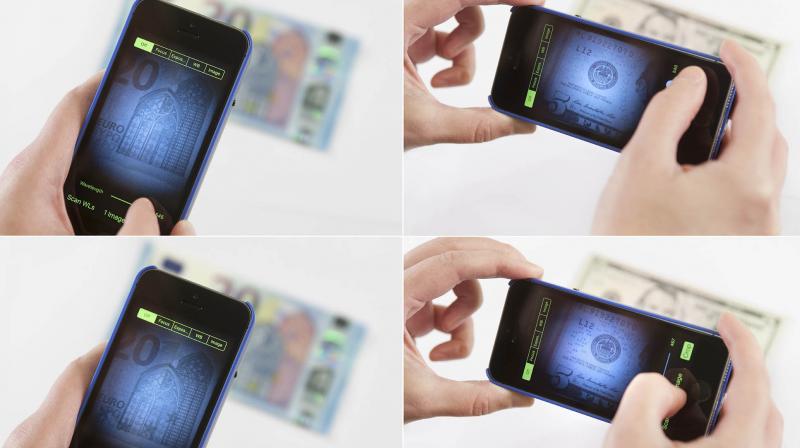 Imaging â‚¬20 bank note at different wavelengths shows hidden safety features. (Photo: VTT Technicla Research Centre)