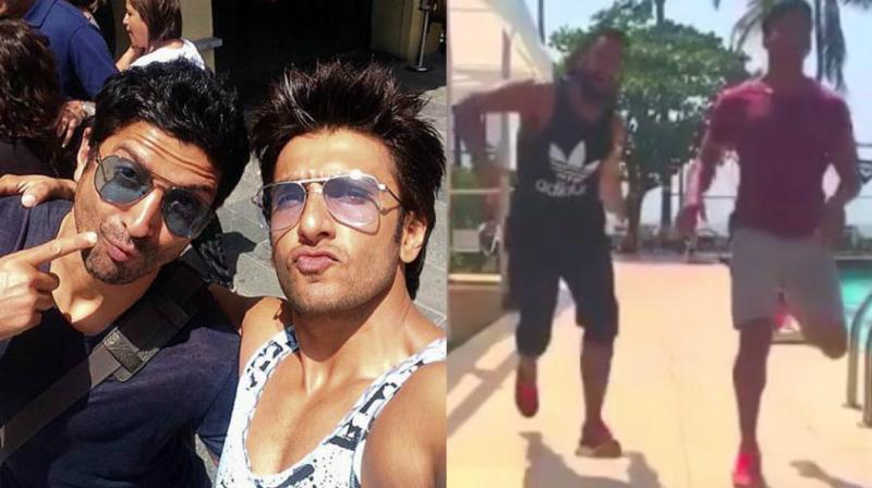 Ranveer and Farhan on the sets of Dil dhadakne Do and screengrab from the video.