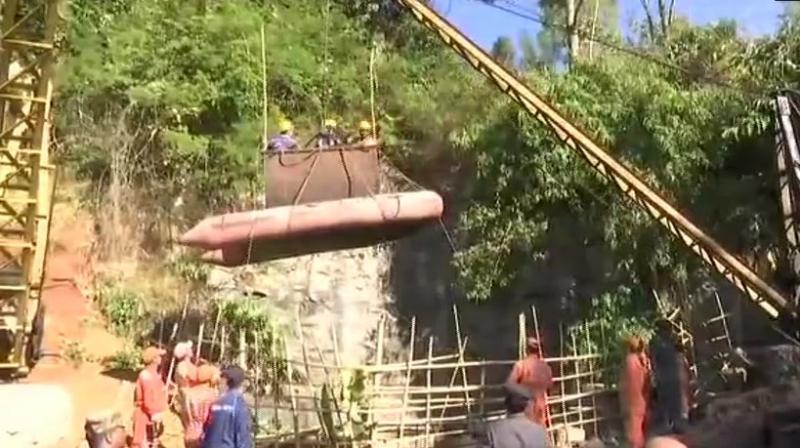 East Jaintia Hills: Visuals of operations underway to rescue the trapped miners. (Photo: ANI)