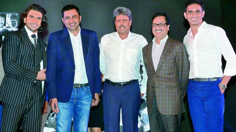 Kapil Dev, and Ranveer Singh and Vishnu Vardhan Induri at the launch of the movie at Mumbai