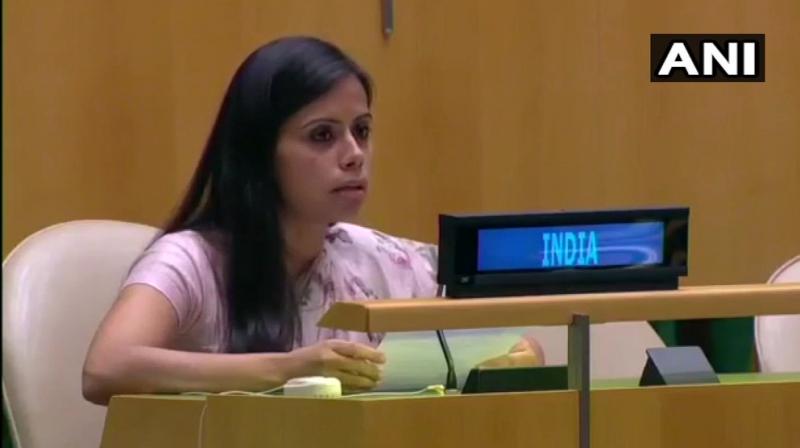 Indian diplomat from countrys Permanent Mission to UN, Eenam Gambhir, exercised Indias Right of Reply and rejected Qureshis baseless allegation made during his General Assembly address on Saturday. (Photo: ANI)