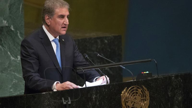Pakistans Foreign Minister Makhdoom Shah Mahmood Qureshi addresses the 73rd session of the United Nations General Assembly on Saturday. (Photo: AP)