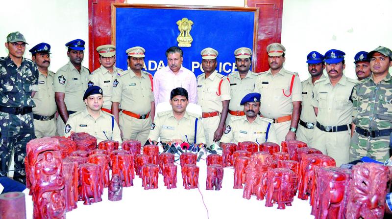 Police officers, as part of the operation, seized 44 idols made from red sanders apart from logs. (Photo: DC)