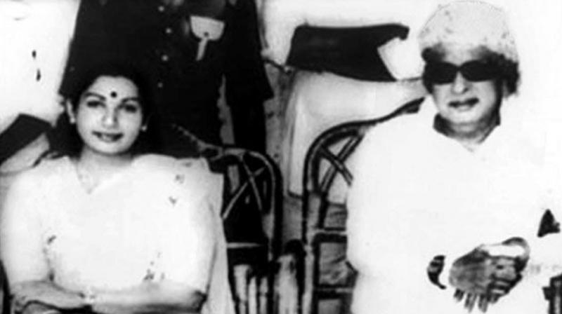 AIADMK founder and charismatic actor-turned politician MGR with his protÃ©gÃ© Jayalalithaa. (File photo)