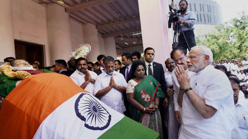 Prime Minister Narendra Modi pays his last respects to Tamil Nadus former Chief Minister Jayaram Jayalalithaa at Rajaji Hall in Chennai. (Photo: PTI)