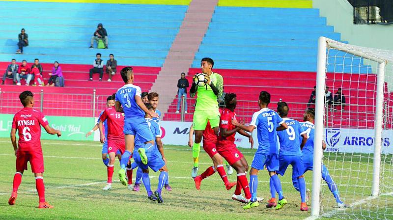 Action from the I-League match between Indian Arrows and Shillong Lajong on Tuesday.