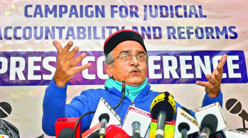 Senior advocate Prashant Bhushan during a press conference in New Delhi on Tuesday. (Photo: PTI)