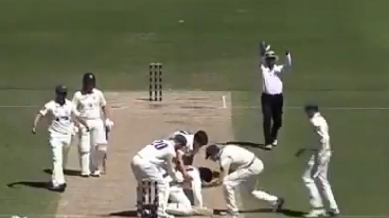 Fast bowler Sean Abbott, playing for New South Wales, bowled a short ball that struck the helmet of Will Pucovski, forcing the Victorian batsman to retire at Melbournes Junction Oval. (Photo: Screengrab)