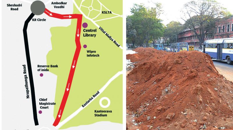 Nrupatunga Road  will be white topped as per TenderSure norms. (left) The alternate routes to be taken from Monday onwards. (Photo: DC)