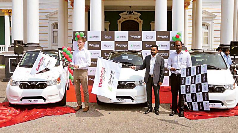 Mysuru deputy commissioner D. Randeep launches the self-drive electric cars in the Heritage City on Tuesday.