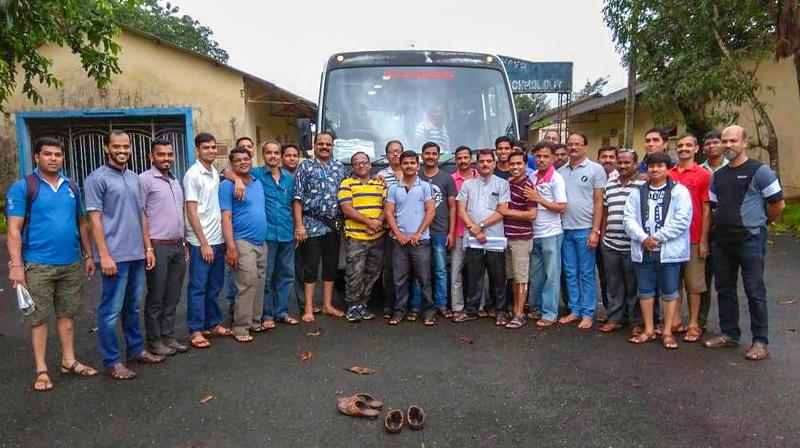 The group of staff members of an agriculture university in the Konkan region who were traveling in the bus, which later fell into a gorge, killing 33 passengers, in Raigad on Saturday. (Photo: PTI)