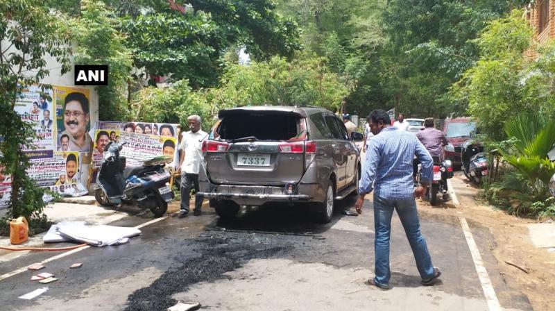 The car was badly damaged as the bomb shattered the rear window of the SUV. (Photo: ANI/Twitter)