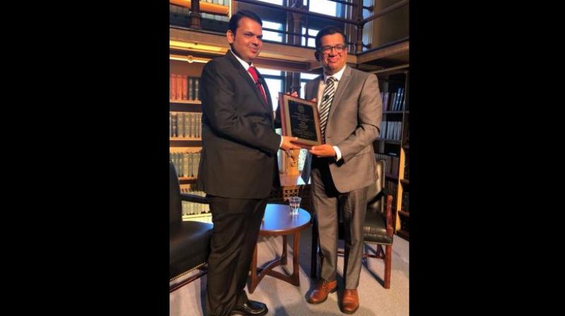 The CMO statement said that Fadnavis was bestowed with the Outstanding Leadership in Development Award from Georgetown University and Centre for Strategic and International Studies (CSIS) in Washington DC. (Photo: @Dev_Fadnavis/Twitter)