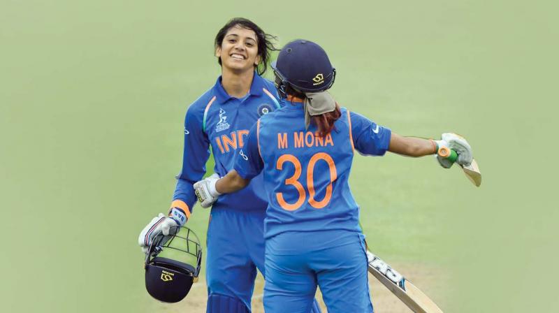 Smriti Mandhana and Mona Meshram  during a World Cup match.