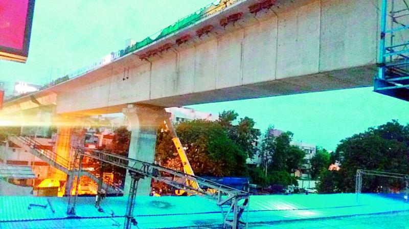 A view of the rail over bridge of the Metro Rail at Begumpet railway station.