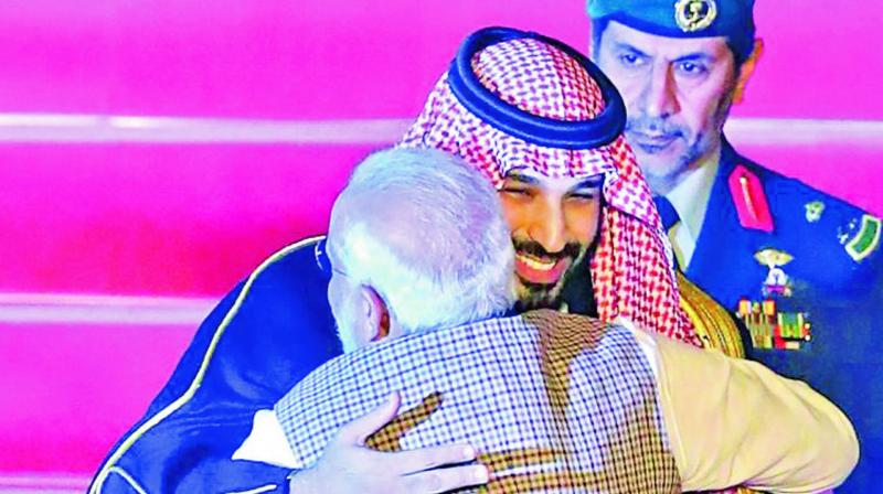 Given such optics, it was on the cards that the biggest hugger among leaders in contemporary history, Prime Minister Narendra Modi, gave the Saudi Prince the bear hug treatment too.