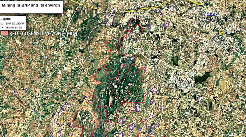 A satellite image of the mining taking place in the eco-sensitive zone of BNP sent by IISc lead scientist Dr T.V. Ramachandra to Deccan Chronicle