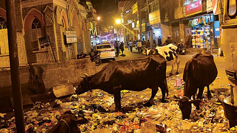 Garbage on Ulsoor Road near Someshwara Temple(inset) in Bengaluru on Monday (Photo: R Samuel)