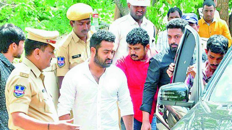 Jr NTR and his brother Kalyanram outside Kamineni Hospital where their father and actor-politician Nandamuri Harikrishna was rushed after the accident (Photo: DC)