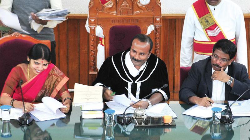 Mayor Sampath Raj chairs his first BBMP council meeting after assuming office, at the BBMP headquarters in Bengaluru on Tuesday. Commissioner Manjunath Prasad looks on