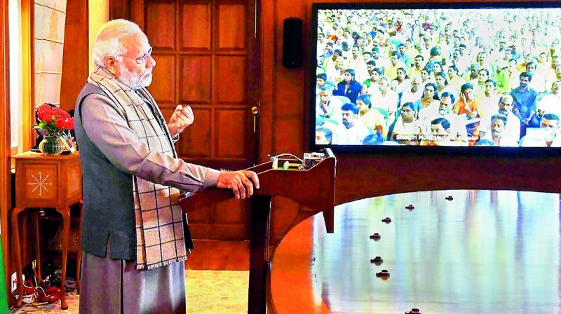 Prime Minister Narendra Modi delivers the inaugural address for the 85th Sivagiri Pilgrimage Celebrations at Sivagiri Mutt, Varkala, Kerala via video conference, in New Delhi on Sunday. (Photo: PTI)